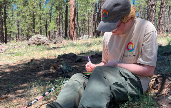 one•n•ten member journaling amongst tall pine trees